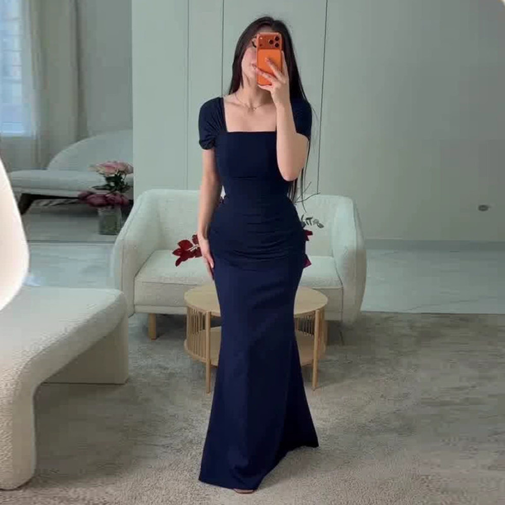 Forever 21 Square Neck Short-Sleeve Bodycon Navy Blue Maxi Dress